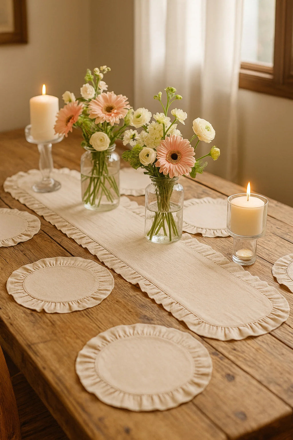 Ruffled Runner and Placemat Set -  7 Pieces