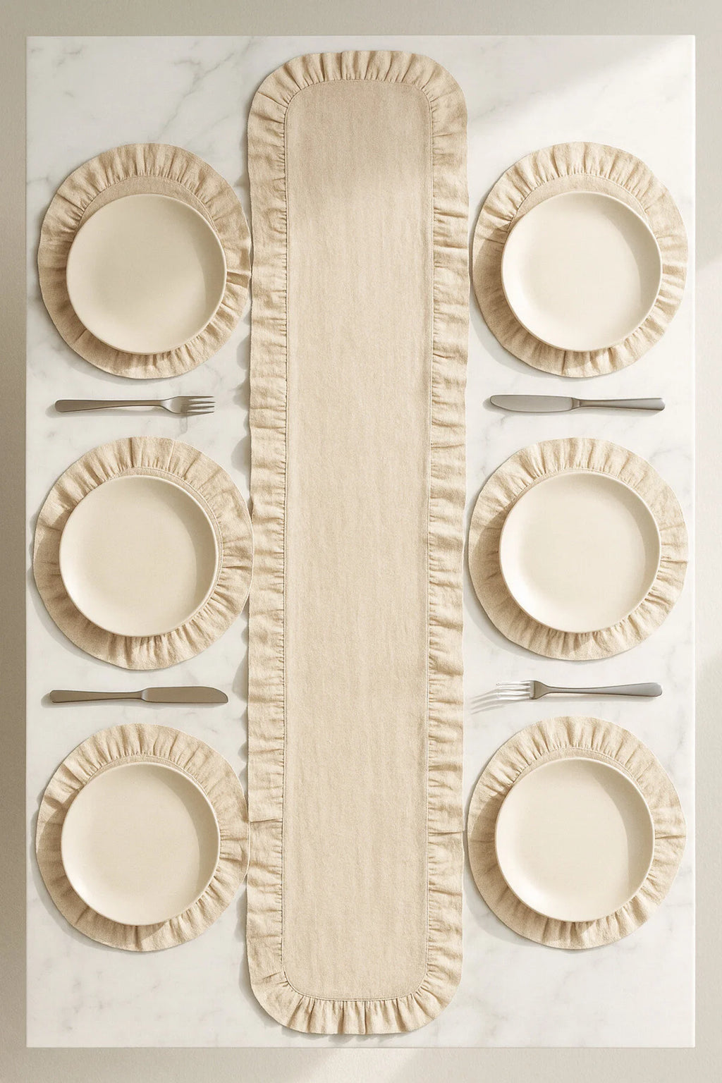 Ruffled Runner and Placemat Set -  7 Pieces
