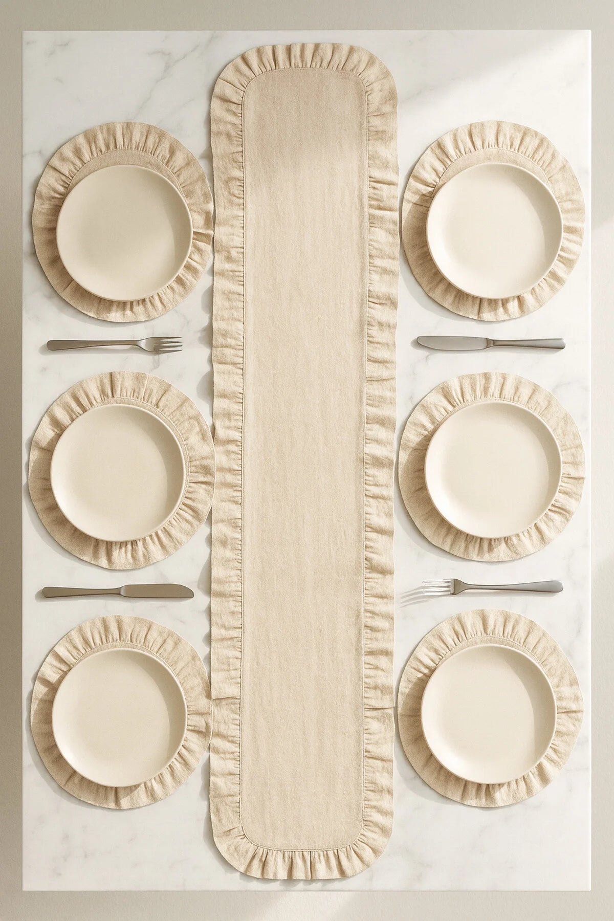 Ruffled Runner and Placemat Set -  7 Pieces