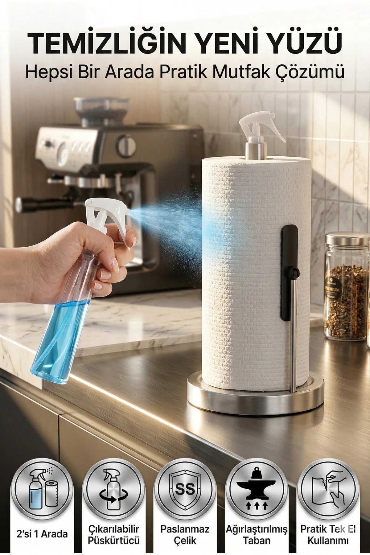 2-in-1 Stainless Steel Roll Paper Towel Dispenser - with Built-in Spray Bottle