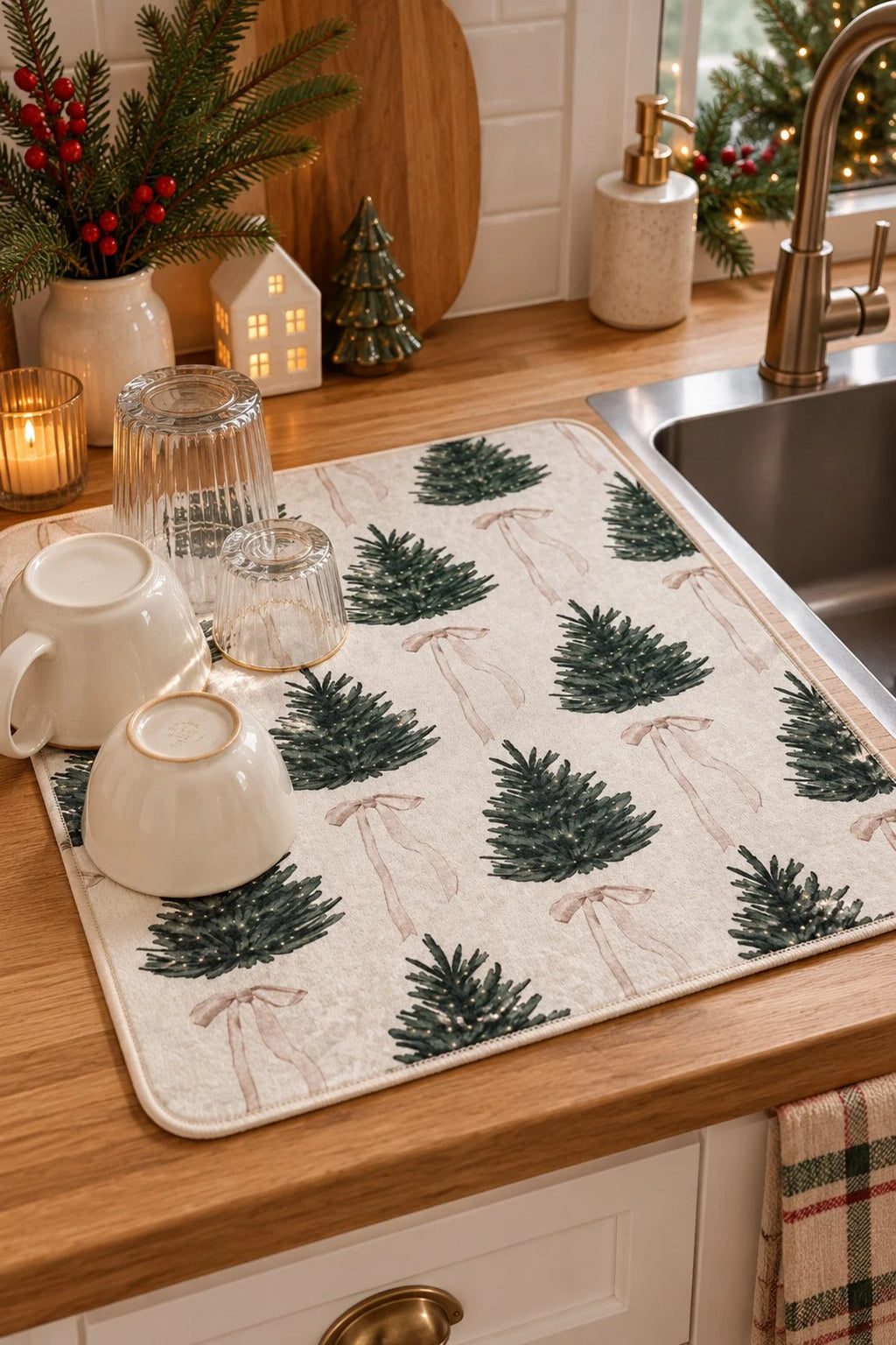 Dish Drying Mat - 40*50 cm - Pine Tree with Bow - Christmas