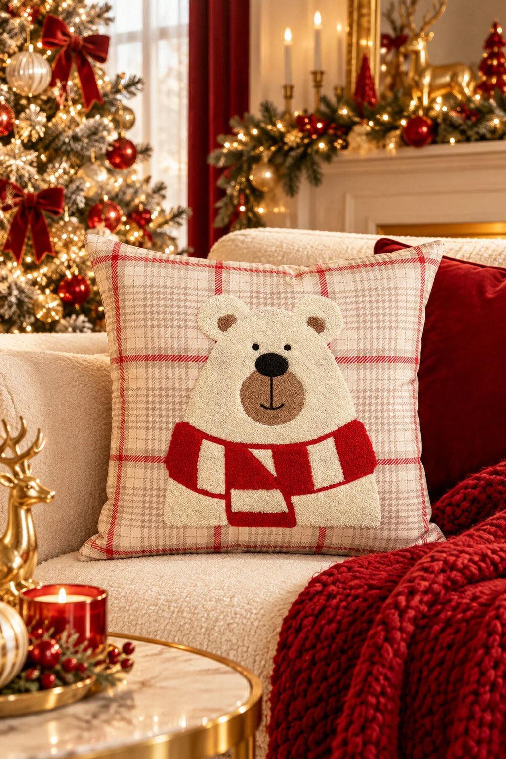 Embroidered Cushion Cover - 43*43 Cm - Scarf Bear Cream Plaid - Christmas -