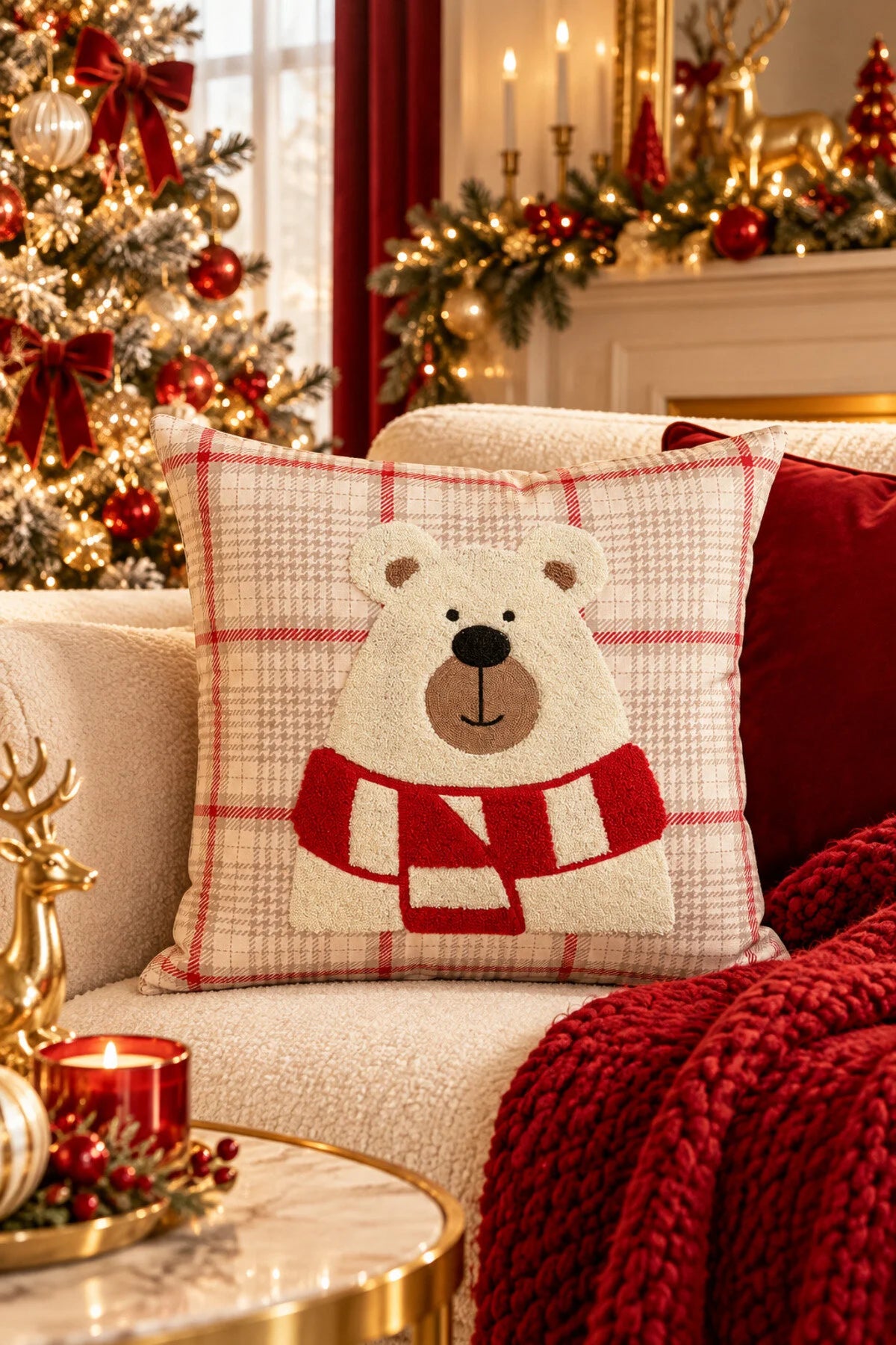 Embroidered Cushion Cover - 43*43 Cm - Scarf Bear Cream Plaid - Christmas -