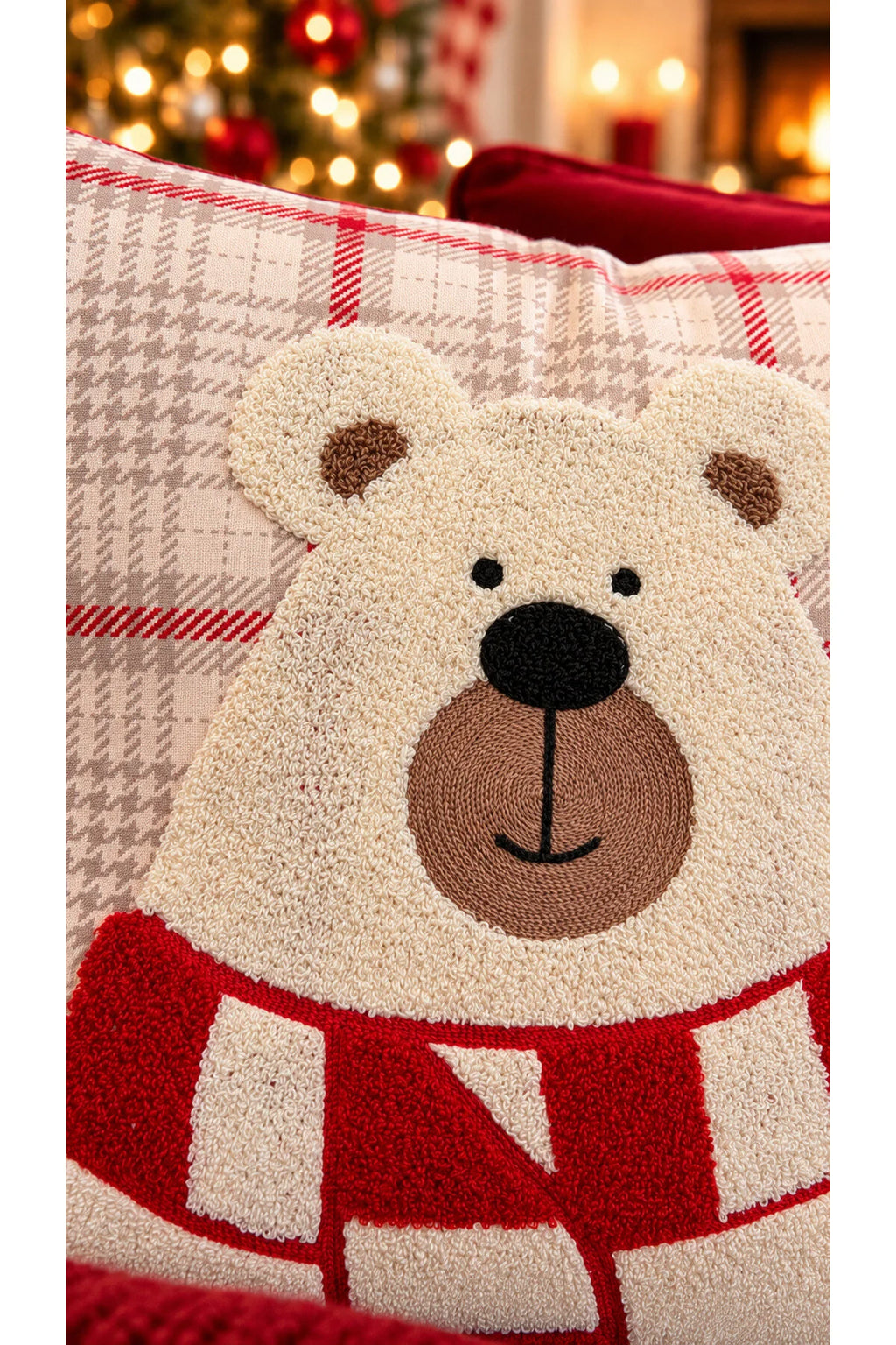 Embroidered Cushion Cover - 43*43 Cm - Scarf Bear Cream Plaid - Christmas -