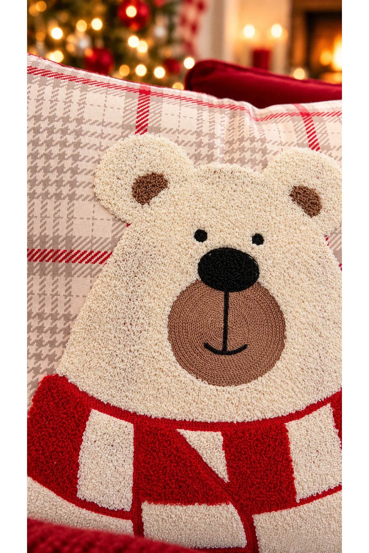 Embroidered Cushion Cover - 43*43 Cm - Scarf Bear Cream Plaid - Christmas -