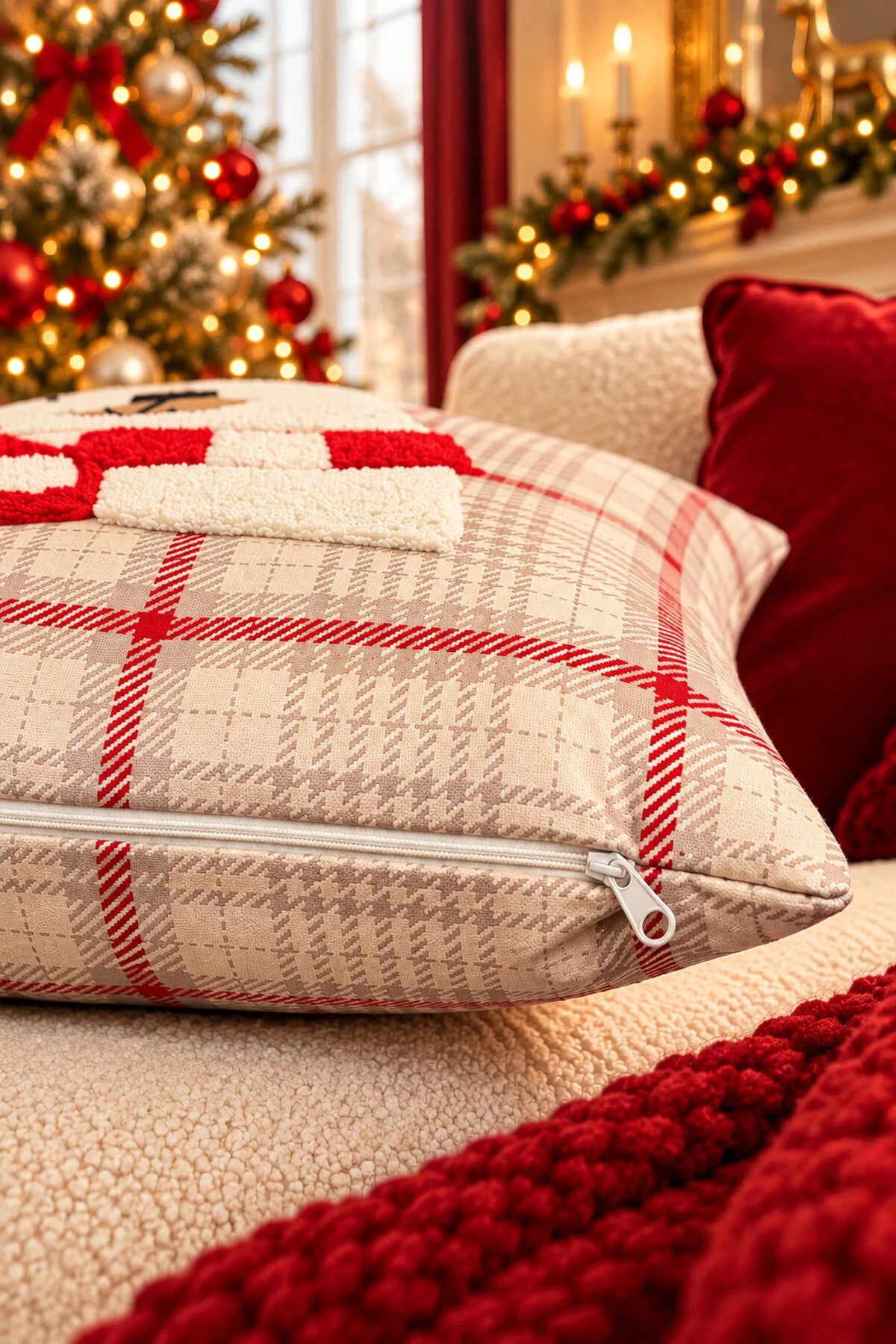 Embroidered Cushion Cover - 43*43 Cm - Scarf Bear Cream Plaid - Christmas -
