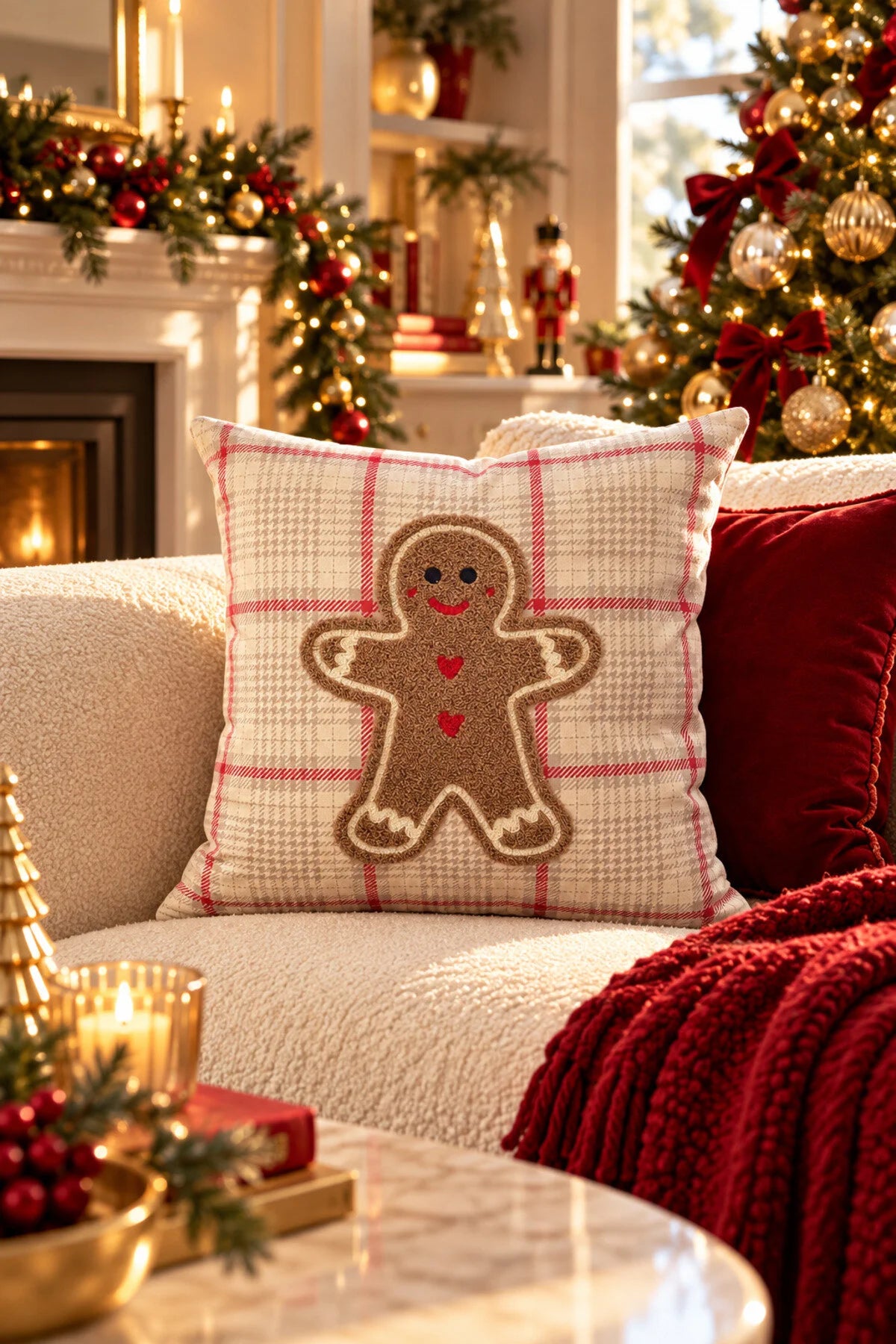 Embroidered Cushion Cover - 43*43 Cm - Cookie Cream Plaid Christmas