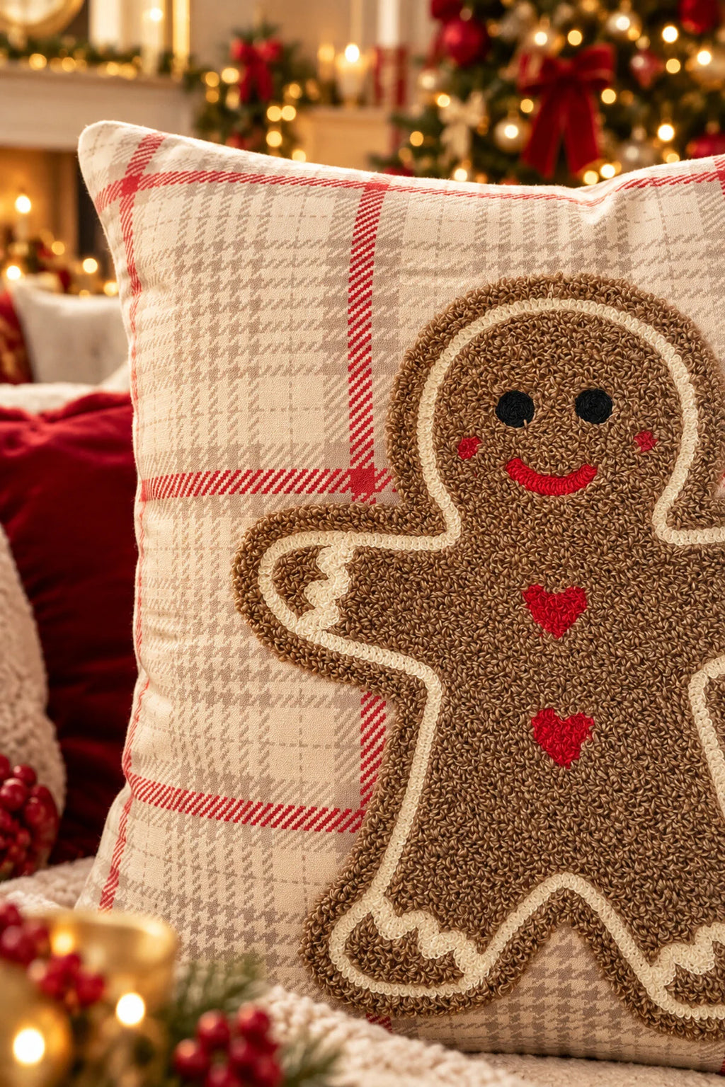 Embroidered Cushion Cover - 43*43 Cm - Cookie Cream Plaid Christmas