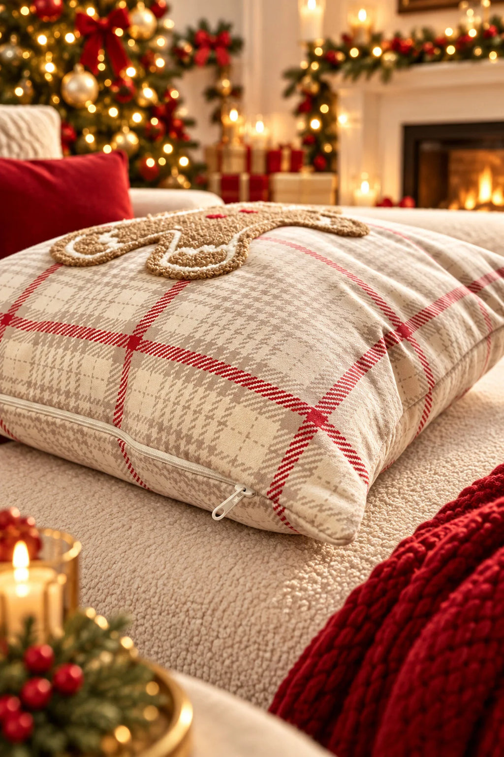 Embroidered Cushion Cover - 43*43 Cm - Cookie Cream Plaid Christmas